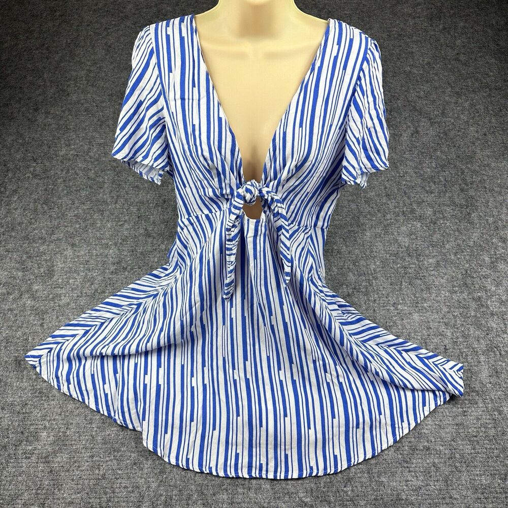Lulu's Womens Dress XL Blue White Sun on My Side Short Tie Front Cutout Skater